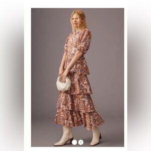 Tiered Paisley Midi Dress in Rust Pink